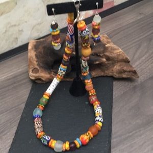 New Handcrafted Sea Glass Recycled Painted Bead Necklace Earrings Jewelry Set